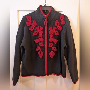 Coldwater Creek Black Wool Jacket with Red Floral Accents